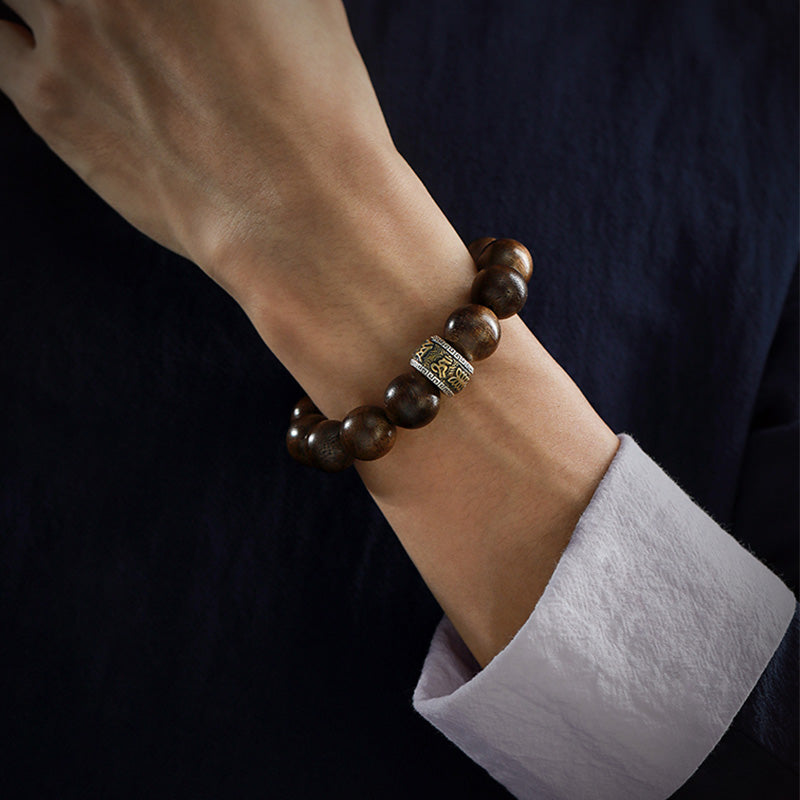 Chinese Zodiac Natal mystic zen Kalimantan Agarwood Om Mani Padme Hum 925 Sterling Silver Bracelet