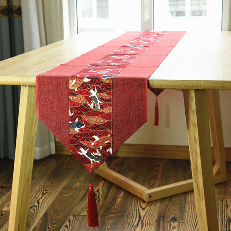 Classic Chinese Style Lotus Koi Fish Flower Crane Calligraphy Enlightenment Cotton Linen Tassels Table Runner