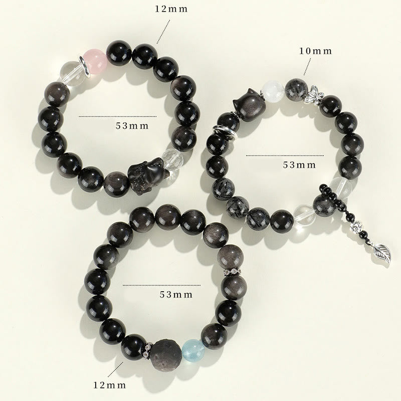 Natural Silver Sheen Obsidian Cat Head Fox Planet Protection Bracelet