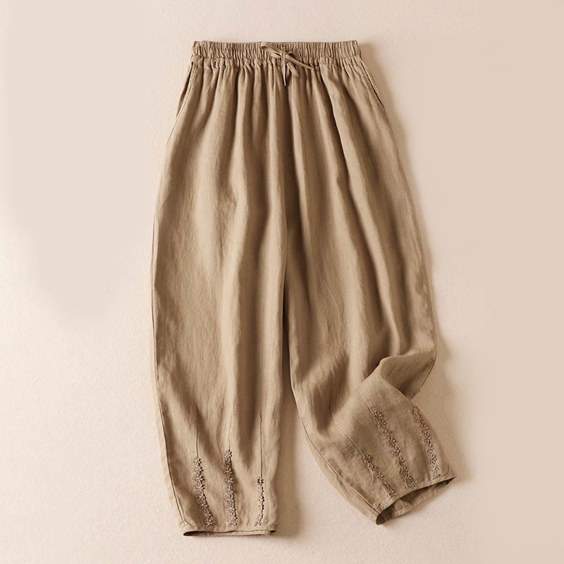 Summer Small Flower Embroidery Cotton Linen Harem Pants With Pockets
