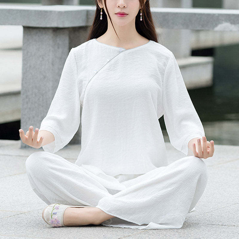 2Pcs Simple Design White Top Pants Meditation Yoga Zen Tai Chi Cotton Linen Clothing Women's Set