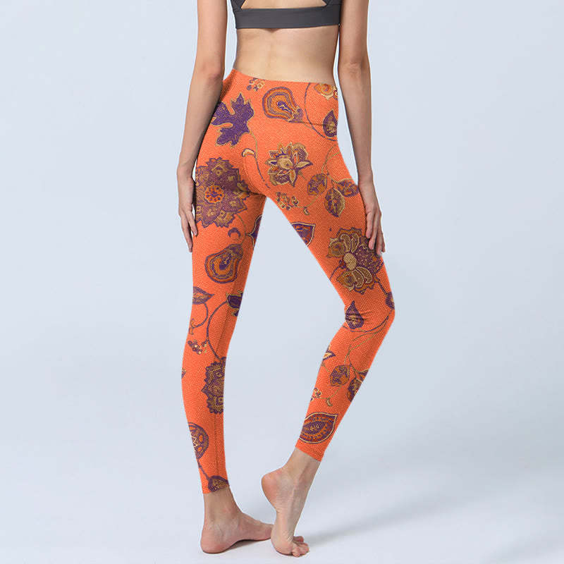 Orange Maple Leaves Flowers Print Gym Leggings Women's Yoga Pants