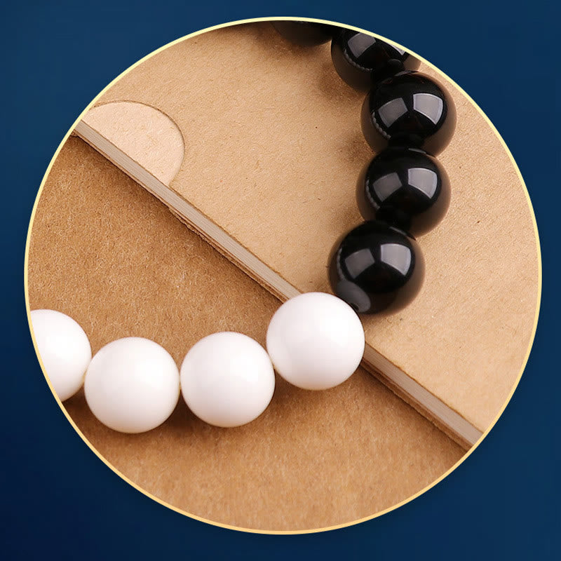 925 Sterling Silver Black Obsidian White Shell Yin Yang Strength Bracelet