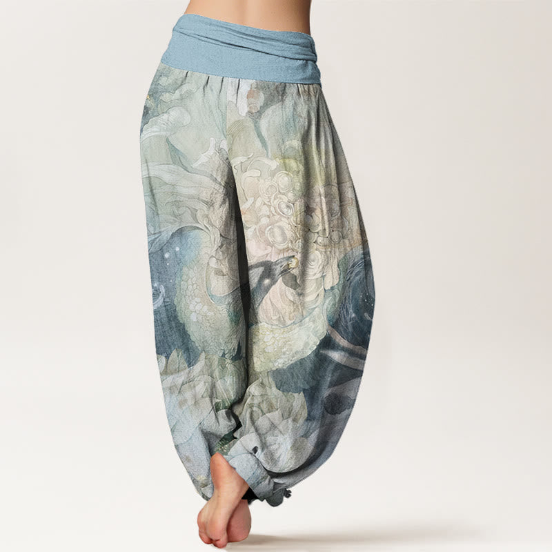 Phoenix Lotus Pattern Women's Elastic Waist Harem Pants