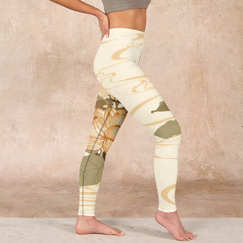 Beige Lotus Flower Print Gym Fitness Leggings Women's Yoga Pants