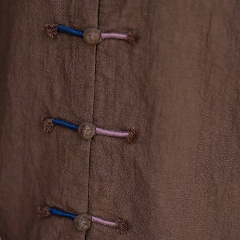 Solid Color Two-color Frog-button Long Sleeve Ramie Linen Women's Shirt