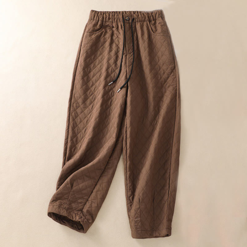 Fall Winter Simple Plaid Cotton Drawstring Harem Pants With Pockets
