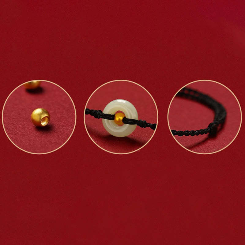 999 Gold Bead Round Peace Buckle Hetian Jade Luck Abundance Braided Bracelet Anklet