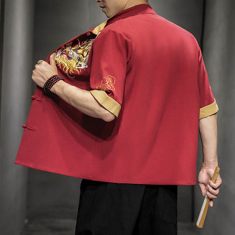 Frog-Button Chinese Dragon Auspicious Cloud Embroidery Half Sleeve Shirt Cotton Linen Men Clothing