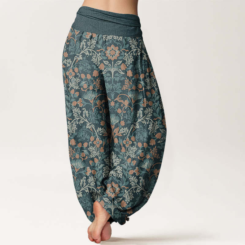 Casual Flower Vine Leaves Pattern Women's Elastic Waist Harem Pants