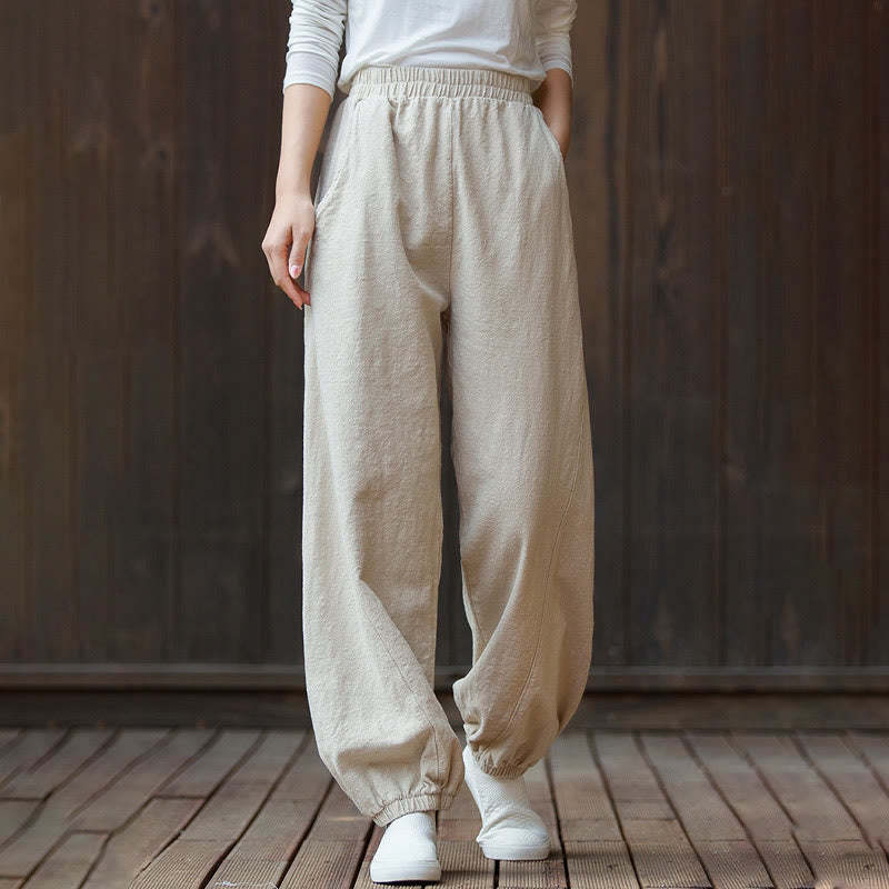 Casual Solid Plain Color Carrot Elastic Waistband Cotton Ramie Women's Pants With Pockets