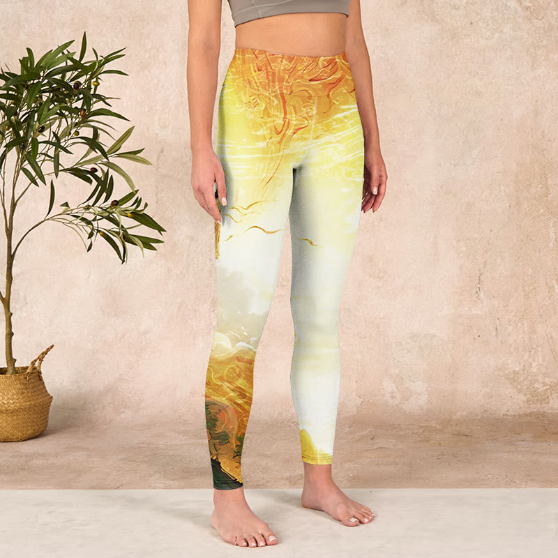Golden Auspicious Cloud Figure Print Fitness Leggings Women's Yoga Pants