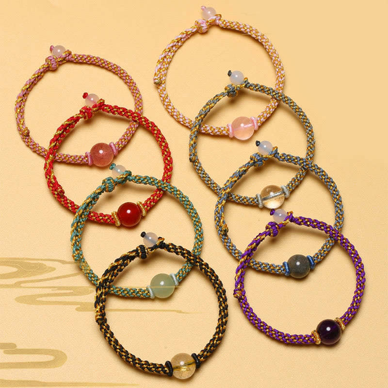 Handmade Red Agate Amethyst Golden Rutilated Quartz Pink Crystal Bead Calm Braided Bracelet