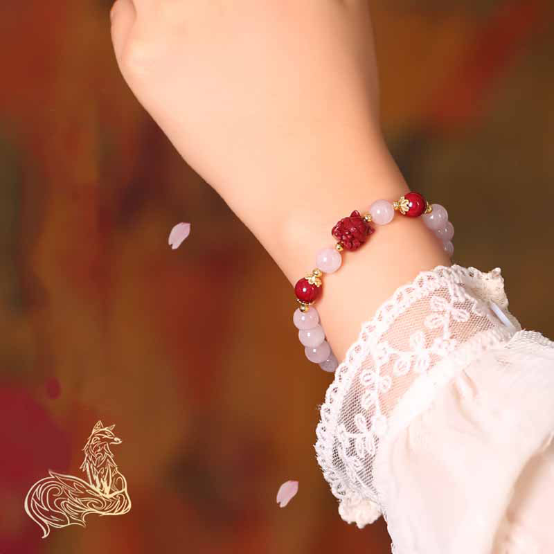Natural Pink Crystal Cinnabar Nine Tailed Fox Love Bracelet