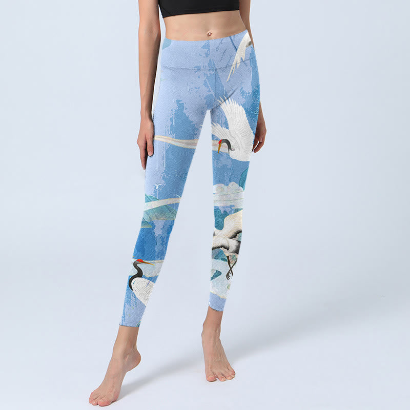 Mountain Auspicious Cloud Red-crowned Crane Pattern Print Gym Leggings Women's Yoga Pants