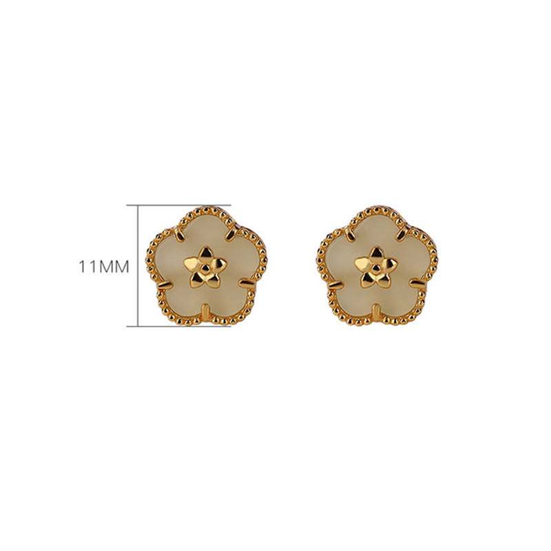 925 Sterling Silver Hetian Jade Plum Flower Luck Stud Earrings