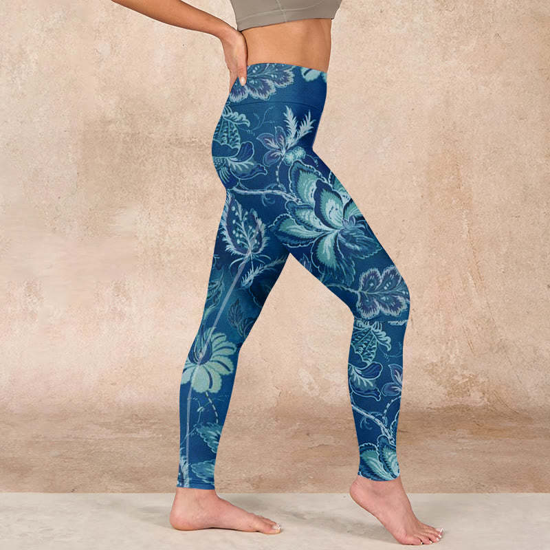 Blue Flowers Print Sports Fitness Leggings Women's Yoga Pants