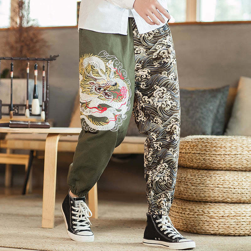 Dragon Pattern Two-tone Men's Pants With Pockets