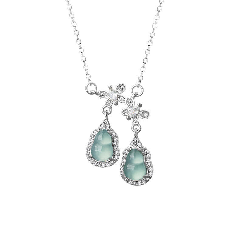 925 Sterling Silver Green Jade Double Gourd Butterfly Luck Necklace Pendant