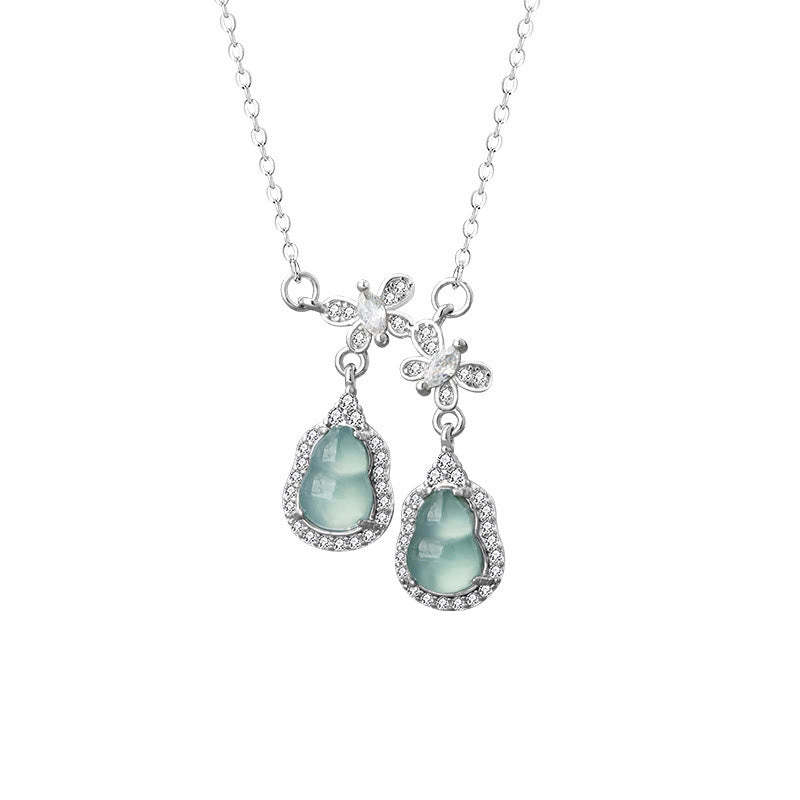 925 Sterling Silver Green Jade Double Gourd Butterfly Luck Necklace Pendant