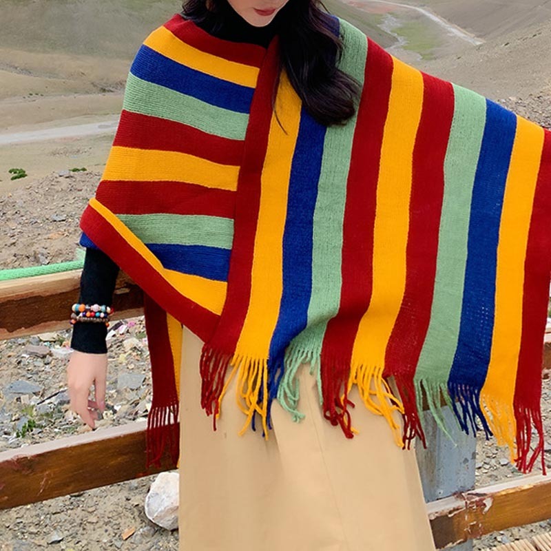 Tibetan Colorful Striped Design Shawl Tassels Pullover Winter Cozy Travel Scarf Wrap