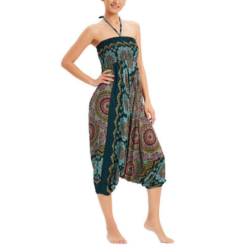 Two Style Wear Mandala Flower Pattern Loose Smocked Harem Trousers Jumpsuit High Waist Pants