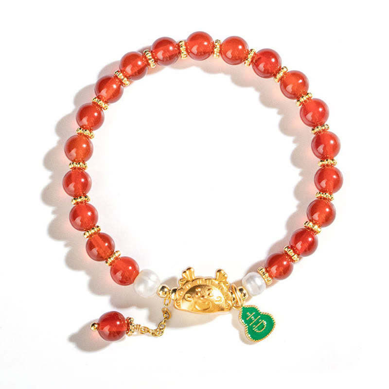 Year Of The Dragon Natural Red Agate Pink Crystal Black Onyx Dumpling Luck Fu Character Bracelet