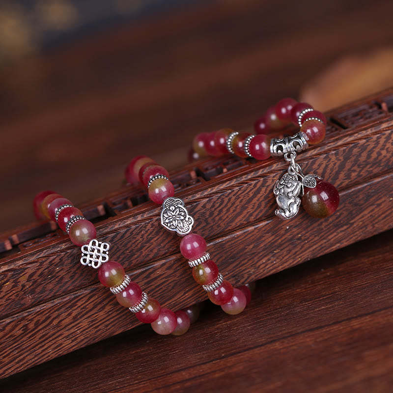 Natural Watermelon Tourmaline PiXiu Elephant Positive Triple Wrap Bracelet