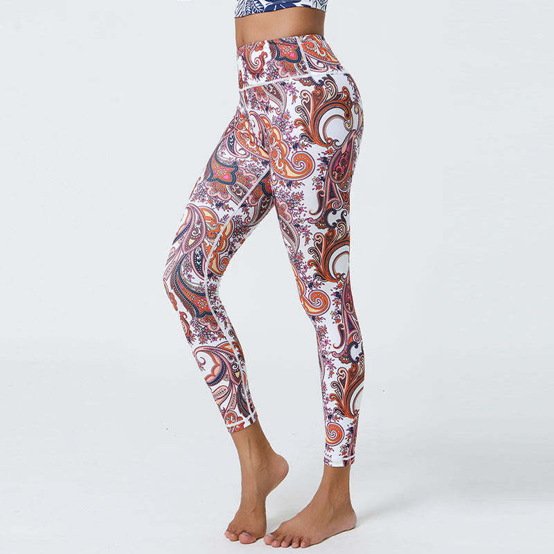 Flowers Feathers Sun Moon Print Sports Fitness Yoga High Waist Leggings Women's Pants