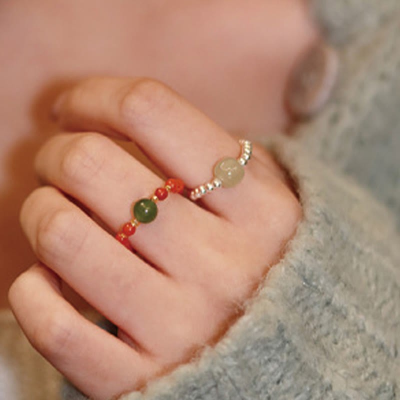 925 Sterling Silver Natural Small Hetian Jade Red Agate Pearl Bead Prosperity Elastic Ring