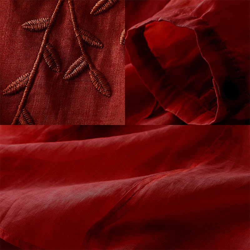 Casual Plain Embroidery Willow Leaf Half Sleeve V-neck Women's Shirt