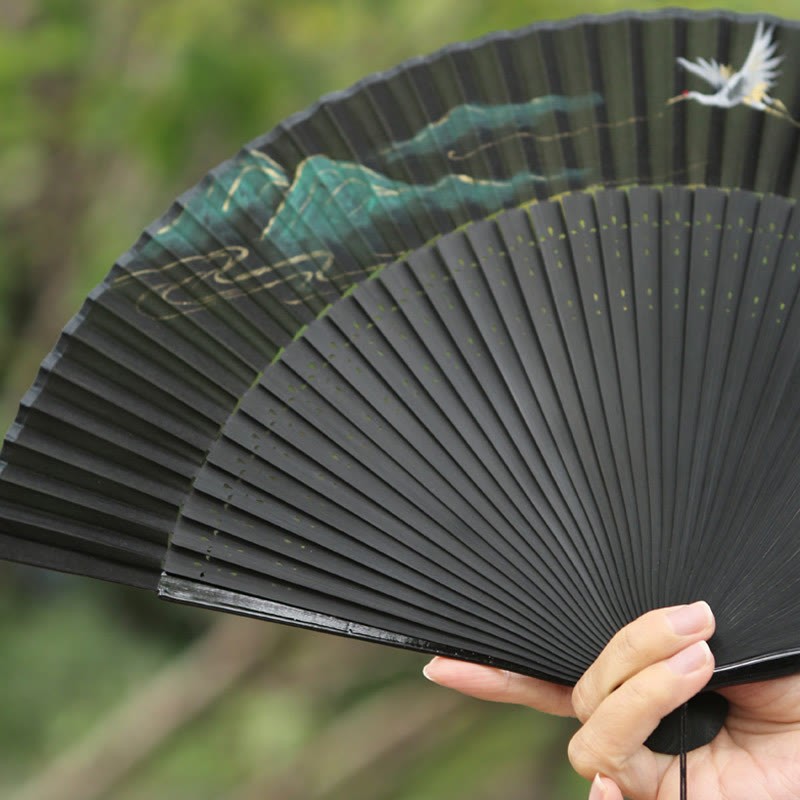 Retro Mountain River Crane Silk Handheld Bamboo Folding Fan