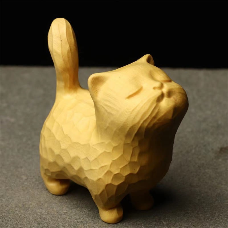 Mini Thuja Sutchuenensis Boxwood Cute Cat Kitten Carved Prosperity Decoration