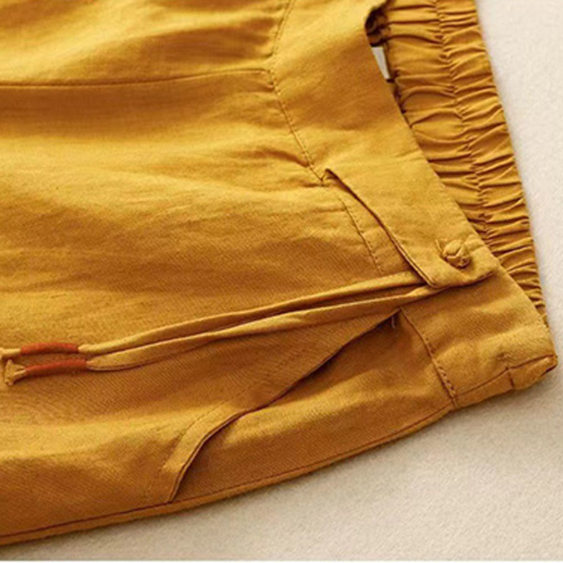 Casual Solid Color One Button Cotton Linen Women's Wide Leg Pants With Pockets