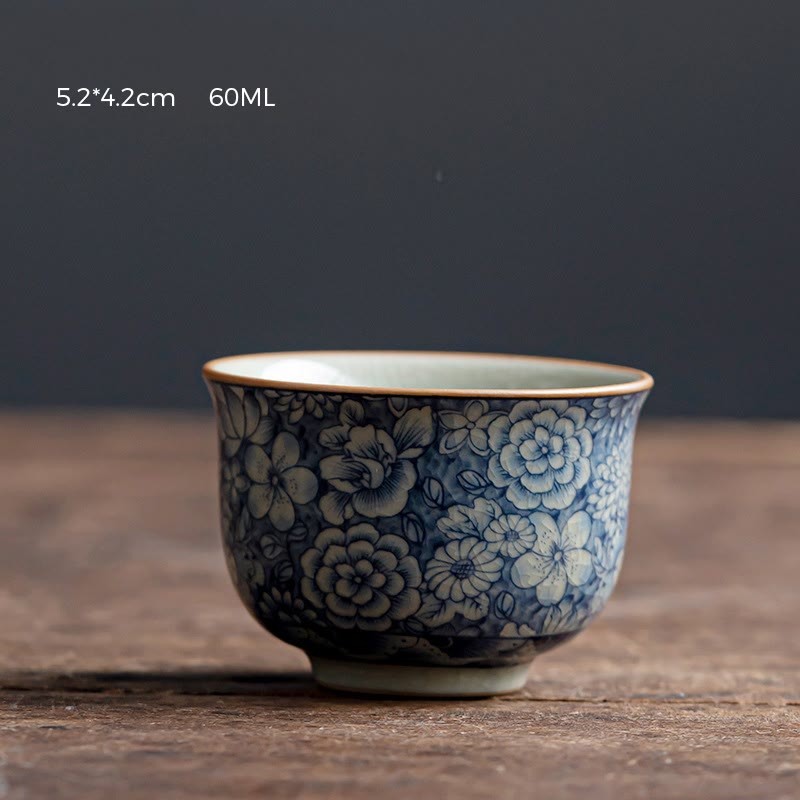 Blue Lotus Peach Blossom Chrysanthemum Design Ceramic Teacup Kung Fu Tea Cups
