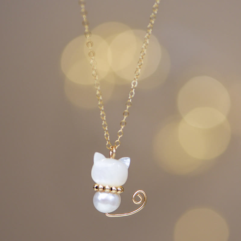 14K Gold Plated Pearl Hetian Jade Shell Luck Cat Kitten Necklace Pendant