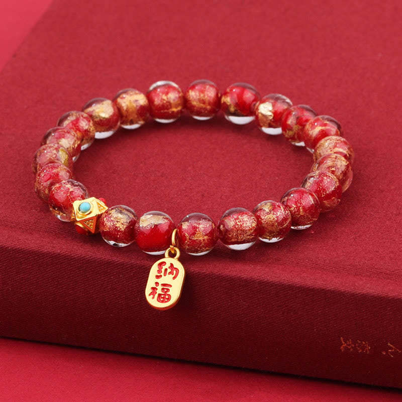 Tibetan Incense Ash Liuli Glass Bead Lucky Fortune Fu Character Charm Bracelet