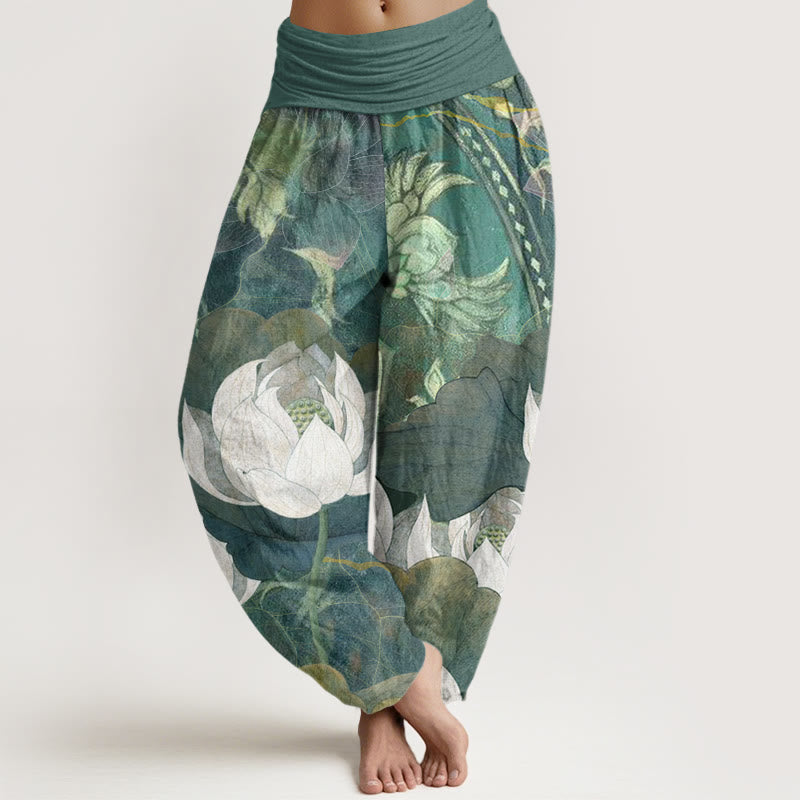 White Lotus Leaves Pattern Casual Women's Elastic Waist Harem Pants