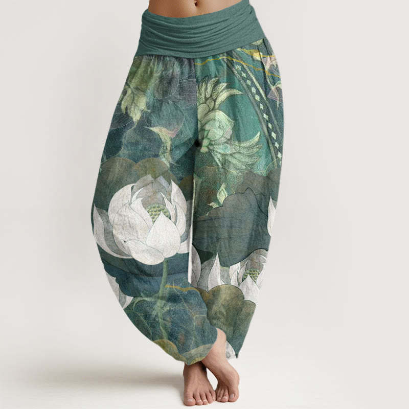 White Lotus Leaves Pattern Casual Women's Elastic Waist Harem Pants