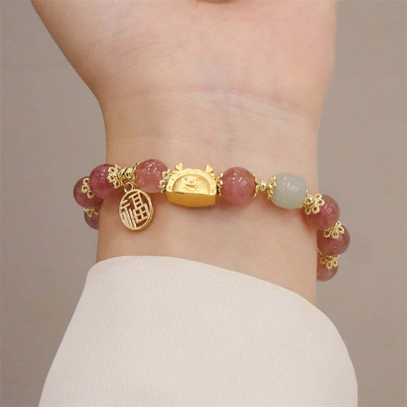 Year Of The Dragon Red Agate Strawberry Quartz Black Obsidian Jade Garnet Pearl Cinnabar Dumpling Dragon Luck Fu Character Bracelet