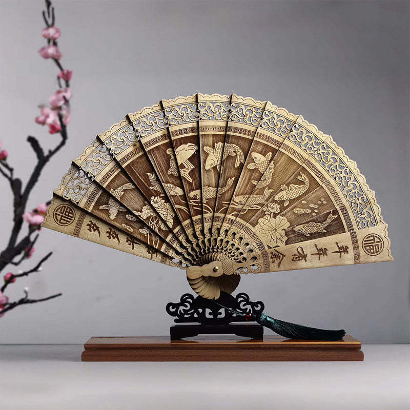 Koi Fish Peony Bird Flower Engraved Hollow Handheld Phoebe Zhennan Wood Folding Fan 22cm