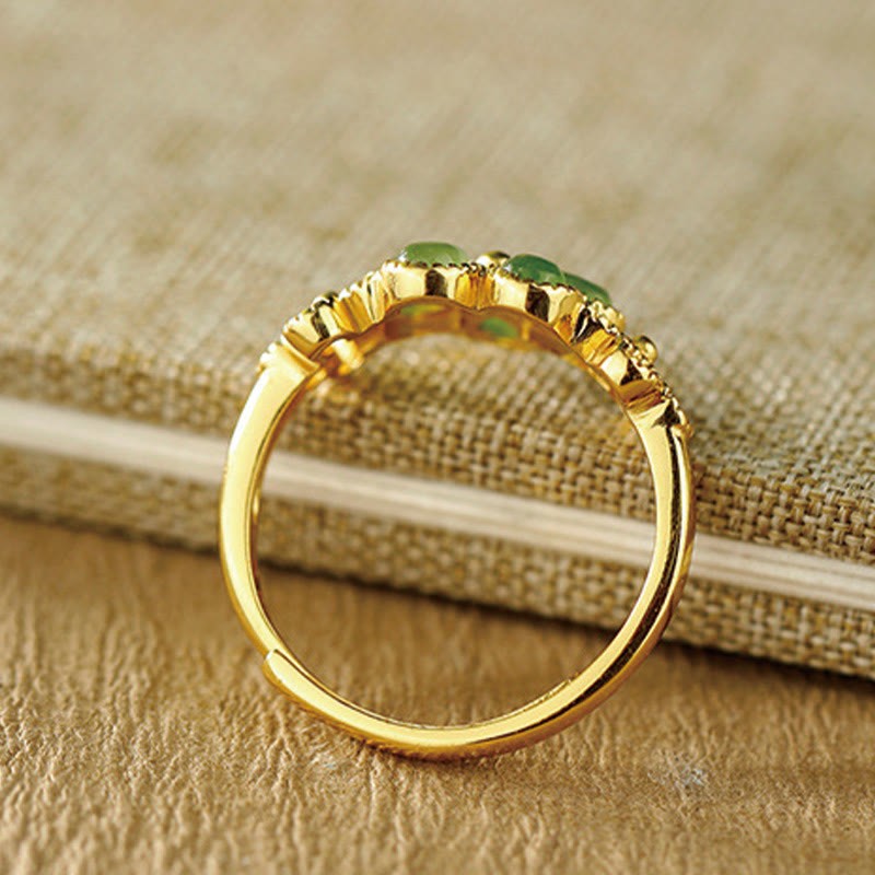 Natural Hetian Jade 925 Sterling Silver Plated Gold Flower Adjustable Prosperity Ring