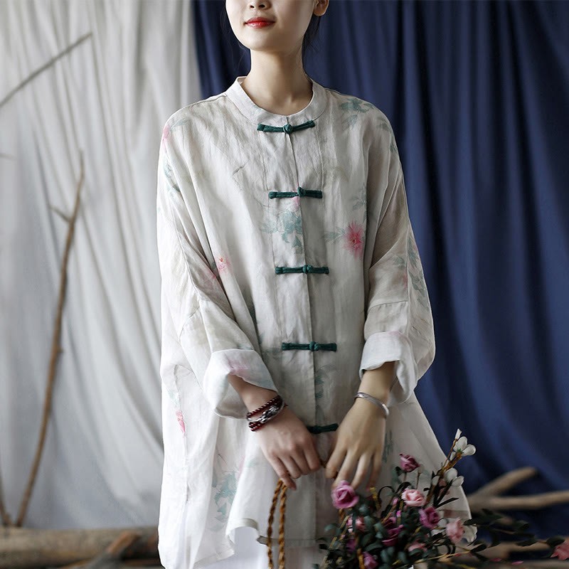 White Red Flowers Green Leaves Frog-Button Long Sleeve Ramie Linen Jacket Shirt