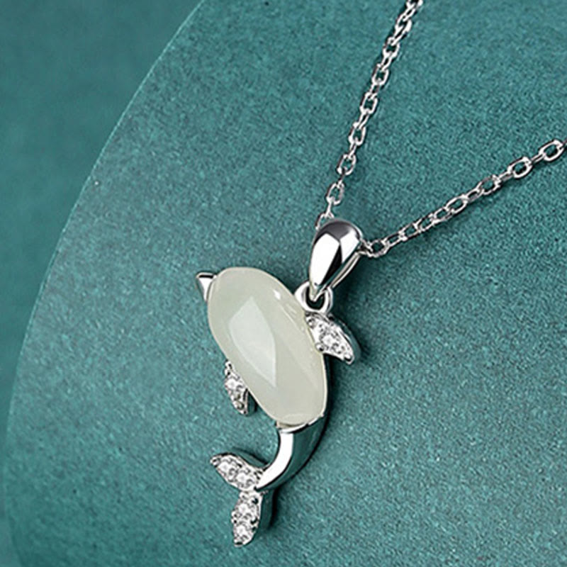 925 Sterling Silver Cute Dolphin Hetian Jade Red Agate Luck Necklace Pendant Ring Earrings Set