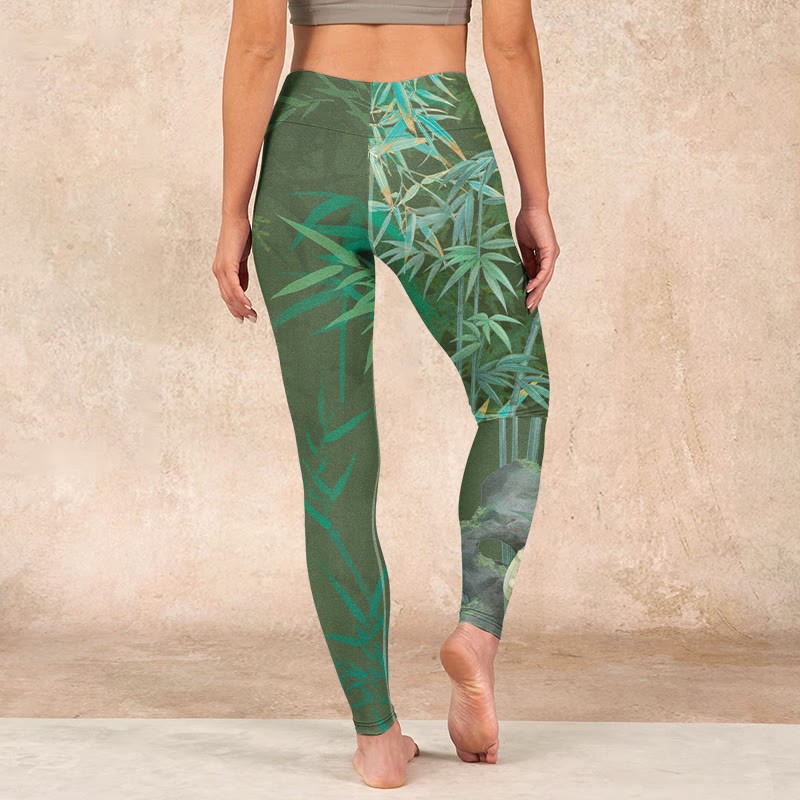 Green Bamboo Rock Flower Print Gym Leggings Women's Yoga Pants