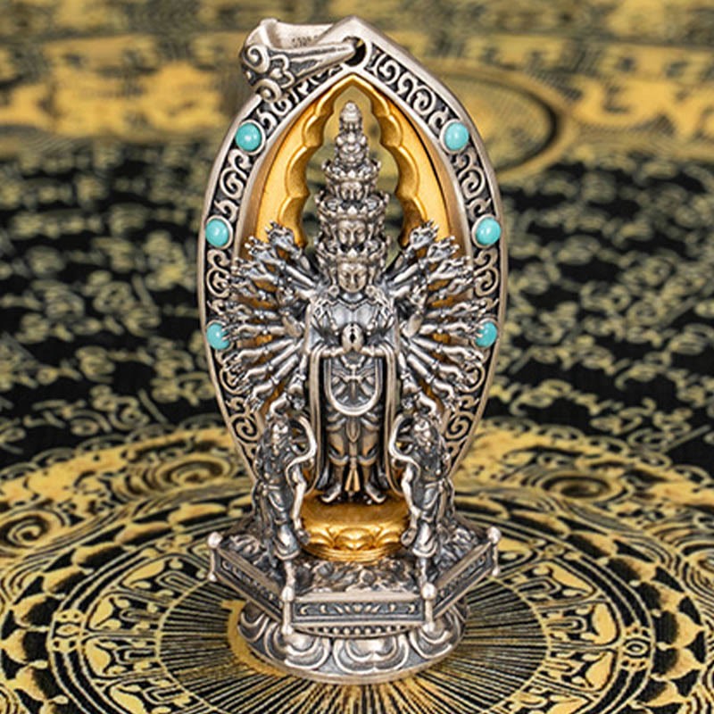 925 Sterling Silver Thousand-armed Guanyin Kwan Yin Avalokite?vara Wealth Necklace Pendant