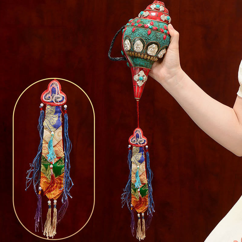 Tibetan Handmade Shankha Om Mani Padme Hum mystic zen Avalokitesvara Turquoise Conch Shell Positive Decoration