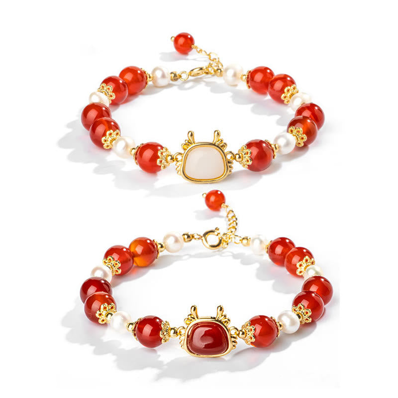 14K Gold Plated Year Of The Dragon Natural Red Agate Pearl Protection Fu Character Chain Bracelet (Extra 30% Off | USE CODE: FS30)