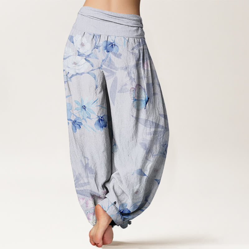 Cherry Blossoms?Hibiscus Butterfly Women's Elastic Waist Harem Pants