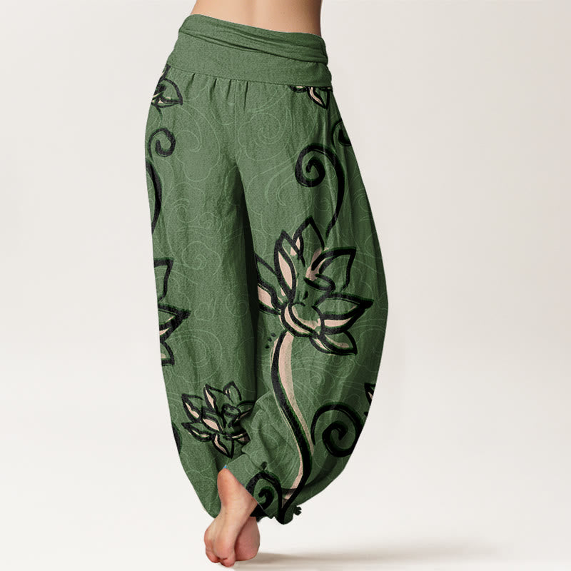 Casual Lotus Auspicious Clouds Design Women's Elastic Waist Harem Pants
